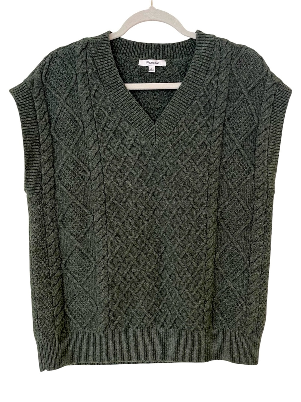 Madewell Womens Cable Knit Sweater Vest Cotton Wool V-Neck Green Dark Academia S